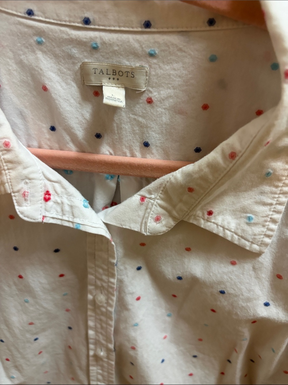 Talbots White Button-Down Shirt with Red and Blue Dot Pattern - Picture 4 of 6